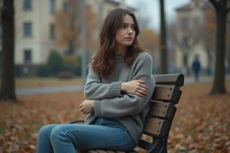 Jeune femme contemplative sur un banc en automne
