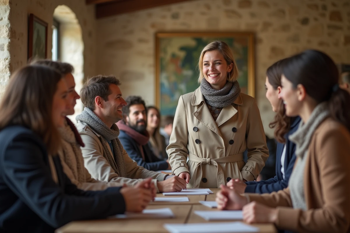 Femme souriante avec un groupe dans un centre breton