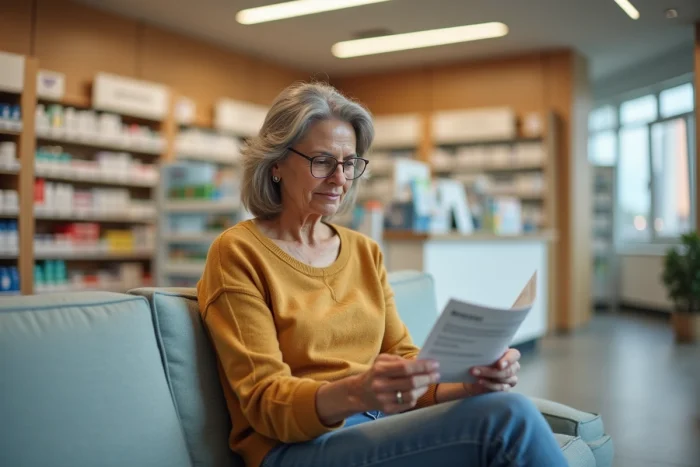Femme lisant une brochure d'information sur la santé urinaire dans une pharmacie
