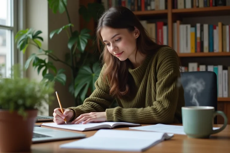 Jeune femme dans un bureau cosy en train d'écrire