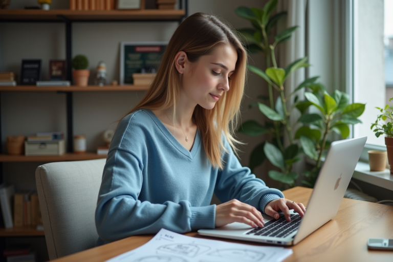 Jeune femme travaillant sur un ordinateur dans un bureau cosy