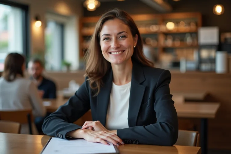 Femme souriante avec un dossier de CV dans un café chaleureux