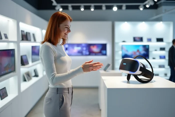 Femme découvrant un casque de réalité virtuelle dernière génération dans un magasin de technologie moderne