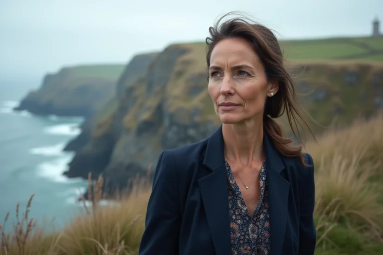 Femme en blazer sur la côte bretonne au loin un phare