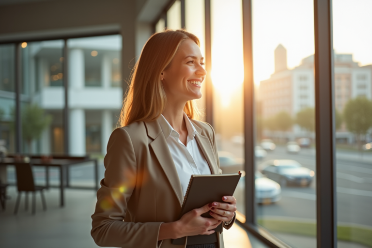 Femme confiante dans un bureau lumineux regardant par la fenêtre