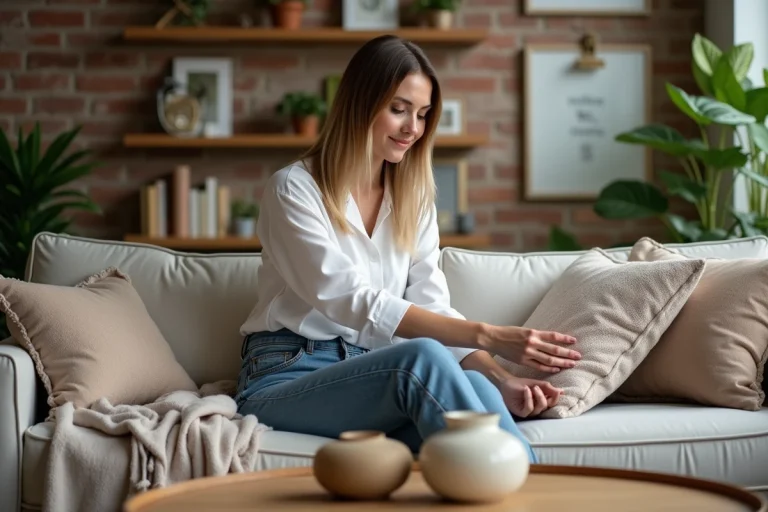 Femme stylée arrangeant des coussins sur un canapé moderne