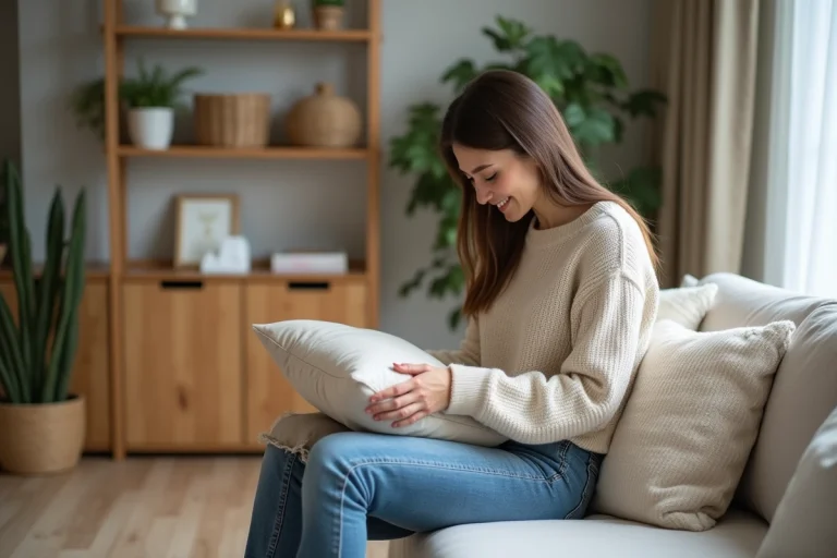 Jeune femme arrangeant des coussins dans un salon scandinave