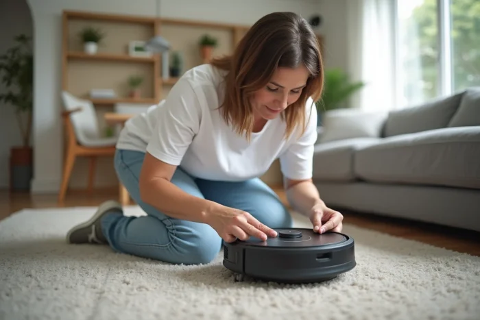 Femme examinant la brosse et la puissance d'aspiration d'un aspirateur robot
