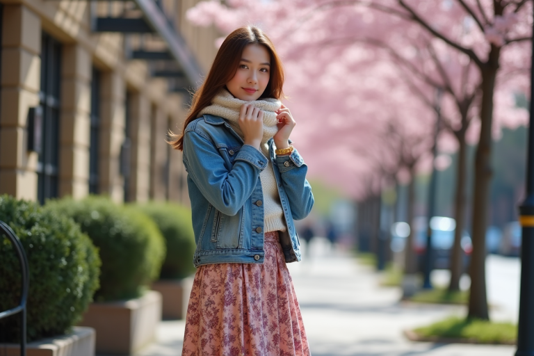 Femme en jupe fleurie et veste en ville au printemps