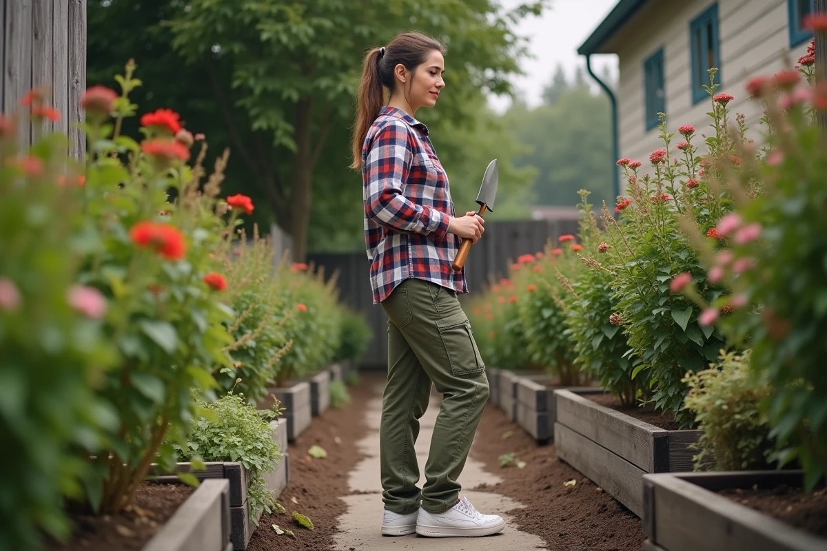 Jeune femme avec trowel dans un jardin résidentiel