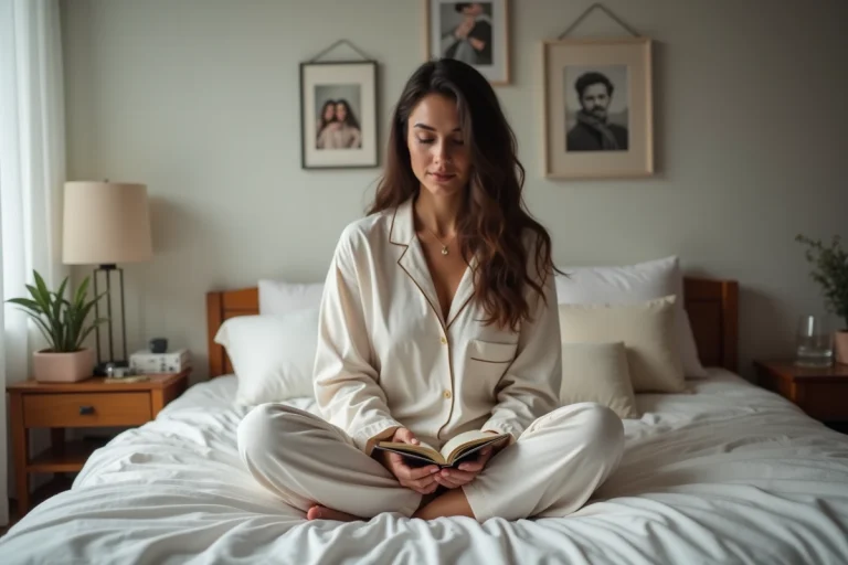 Femme en pyjama écrivant dans son journal dans une chambre cosy