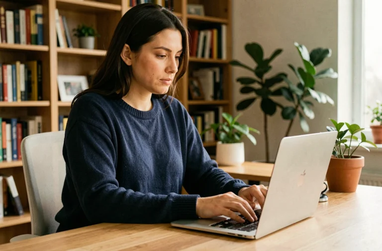 Femme lisant les actualités d'un blog sur son ordinateur portable dans un bureau à domicile moderne