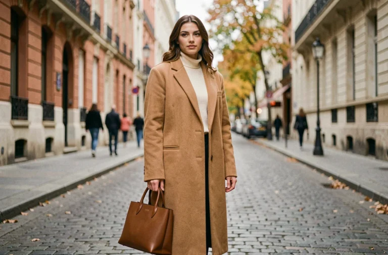 Femme élégante en manteau camel structuré dans une rue pavée parisienne en automne, tendances mode saison