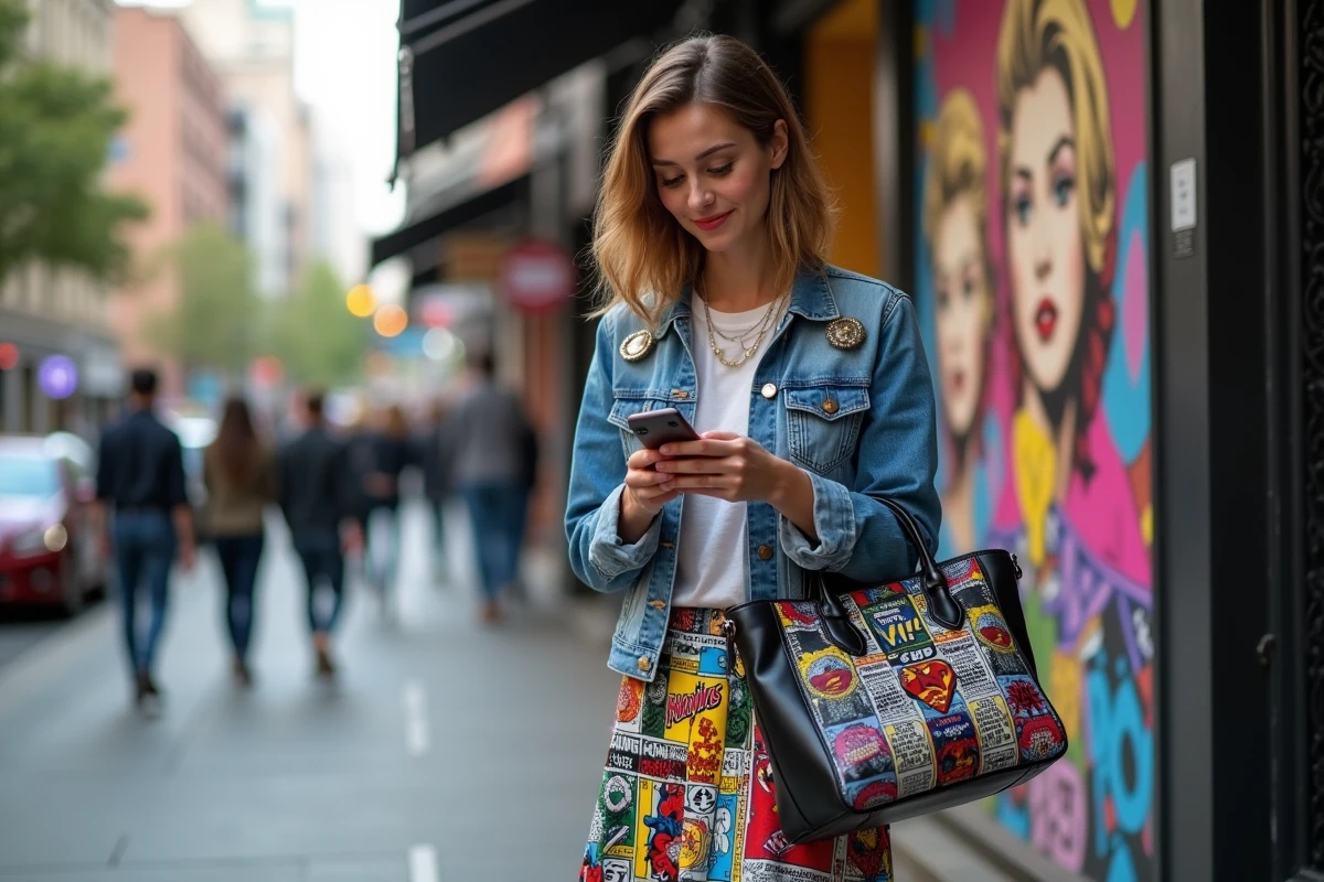 Jeune femme en style geek dans la rue urbaine avec accessoires