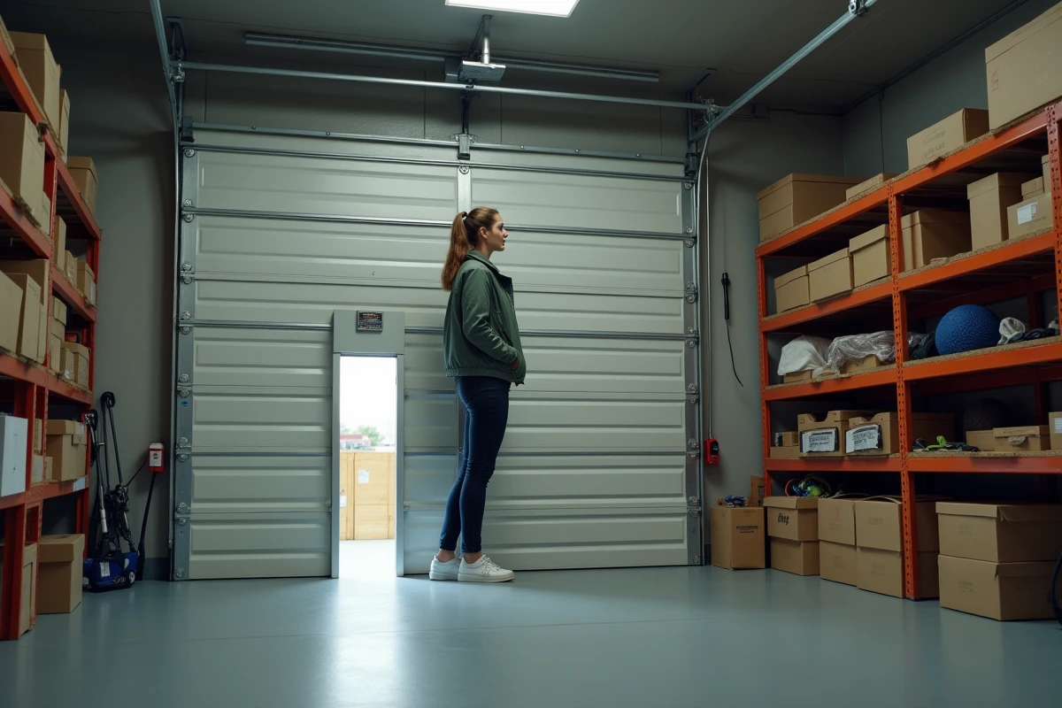 Jeune femme ouvre une petite porte intégrée dans le garage