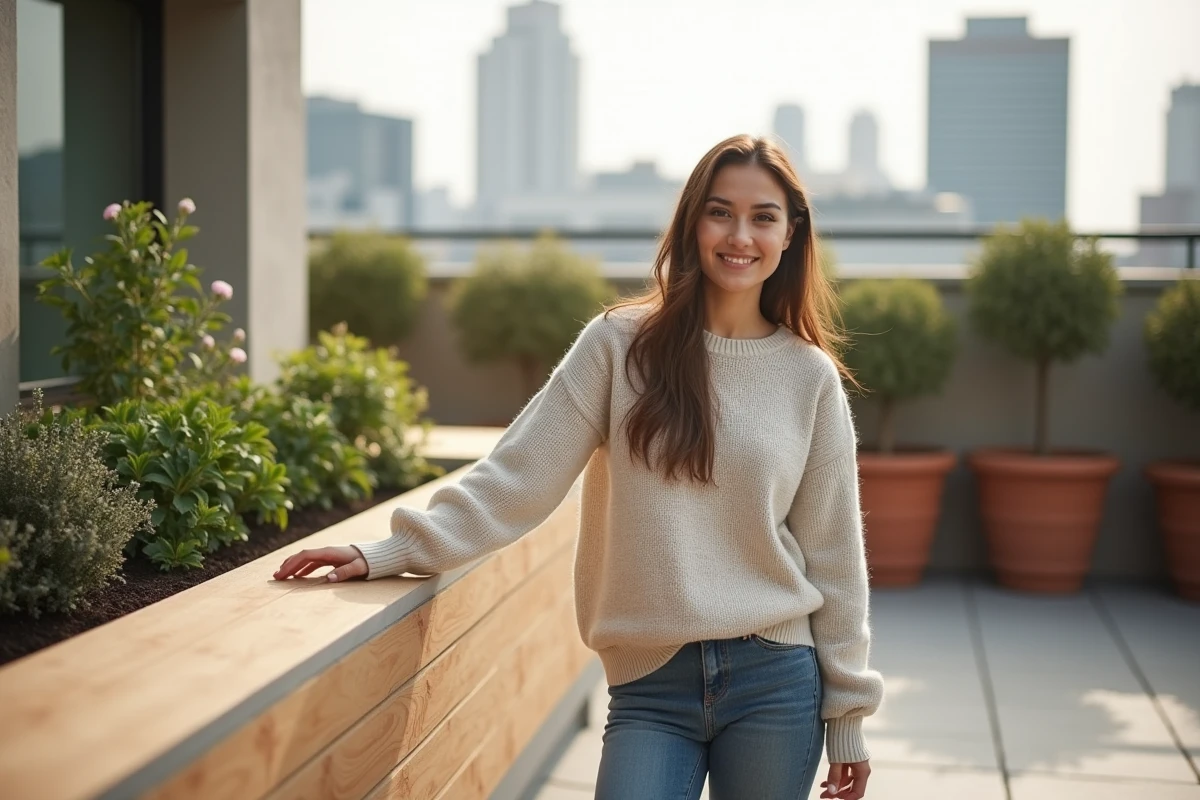Jeune femme souriante touche duraboard dans jardin urbain