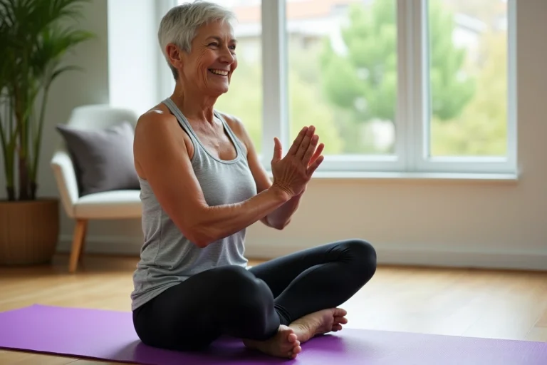 Femme de 72 ans faisant des exercices de stretching abdominal sur un tapis de yoga à domicile pour perdre la graisse du ventre