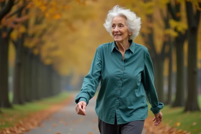Femme âgée de 71 ans marchant rapidement dans un parc en automne pour brûler la graisse du ventre et rester en forme après 70 ans