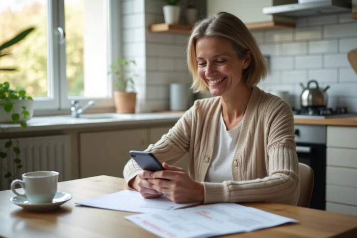 Femme consultant son téléphone pour retrouver son code Action Logement avec des documents papier sur la table