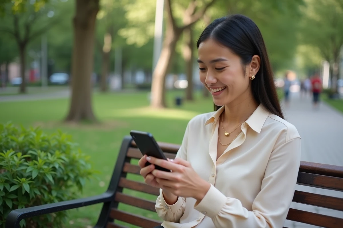 Femme souriante lisant un message dans un parc urbain