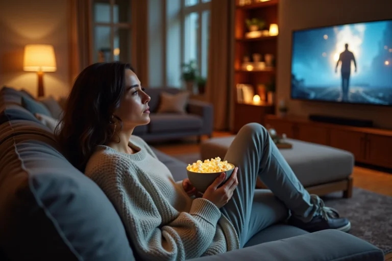 Femme installée sur un canapé regardant un film en streaming sur une télévision dans un salon confortable