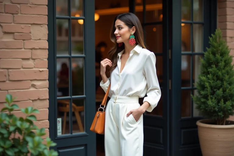Femme élégante en ville avec sac géométrique et boucles colorées