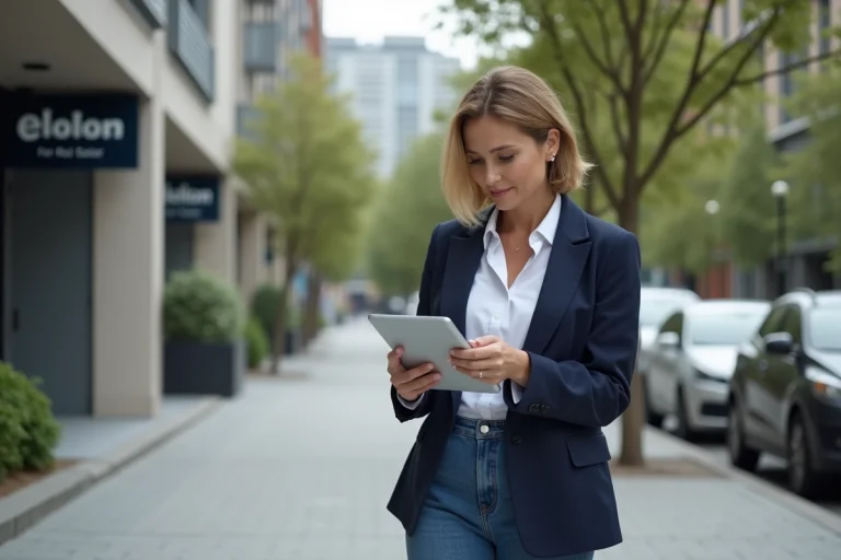 Femme d'âge moyen en blazer examinant une tablette en ville