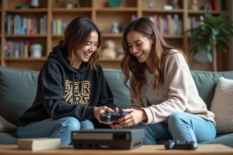Deux femmes rient en assemblant une console vintage dans un salon geek