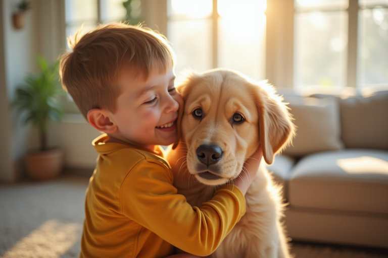 Jeune garçon souriant avec un chiot retriever dans un salon lumineux