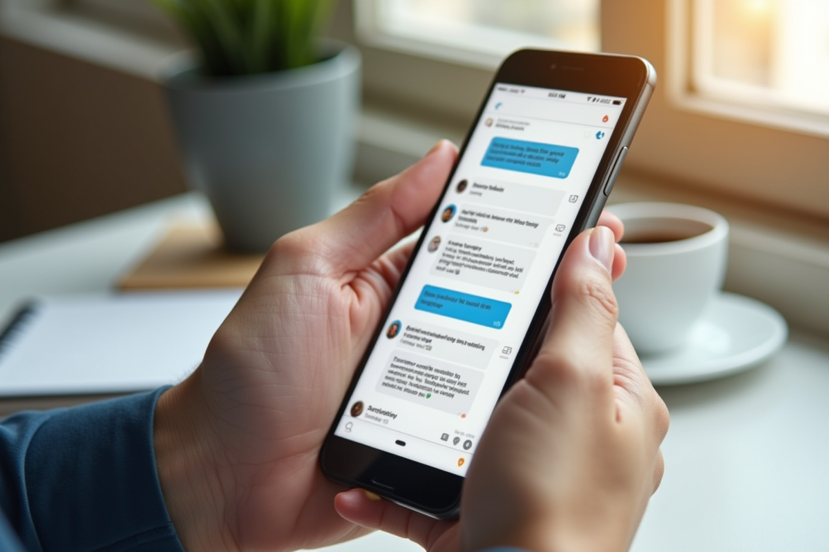 Mains tenant un smartphone avec notifications de messagerie professionnelle