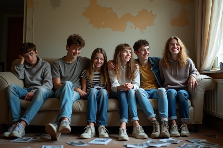 Groupe d'adolescents assis sur un canapé usé en salon modeste