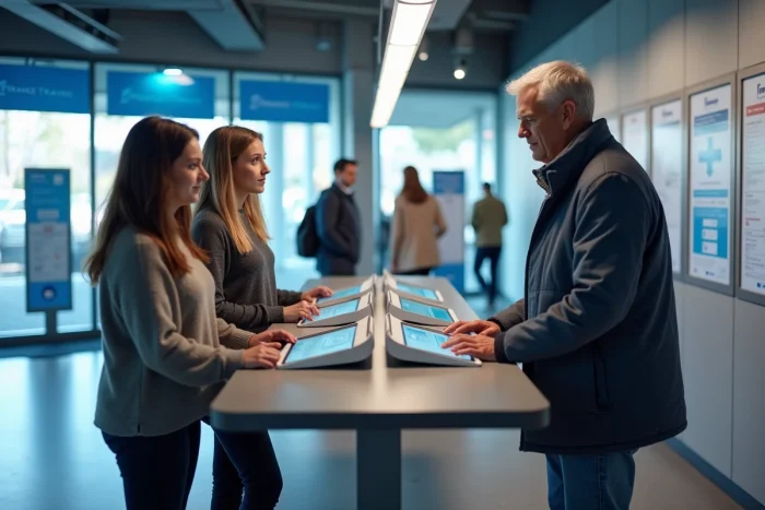 Groupe de demandeurs d'emploi utilisant des bornes numériques en libre-service dans une agence France Travail pour saisir leurs critères en 2026