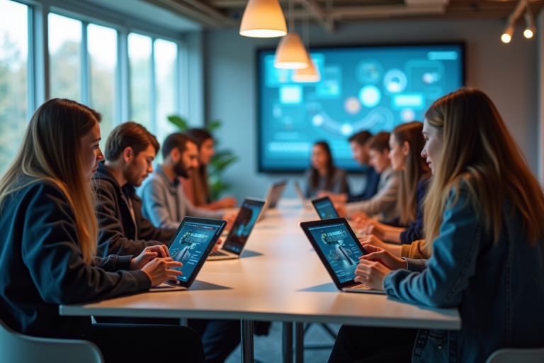 Groupe d'étudiants divers utilisant des tablettes dans un espace moderne