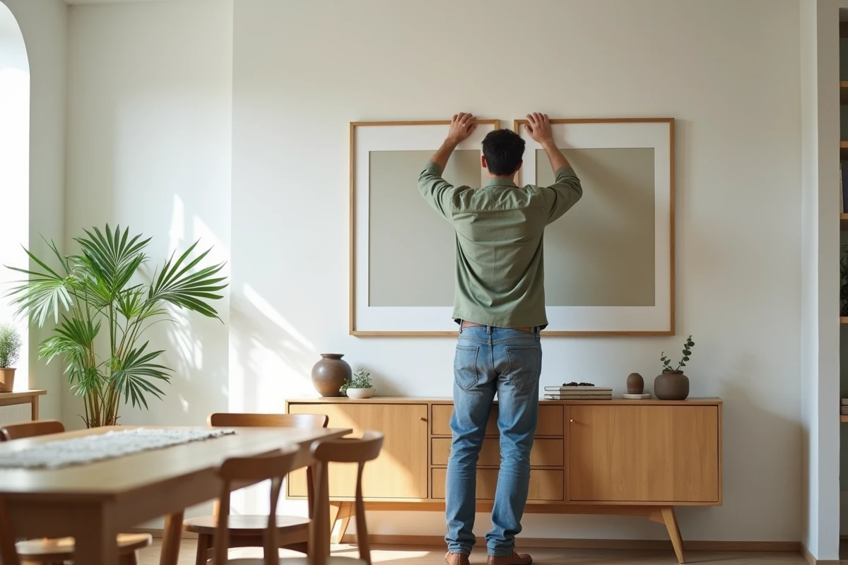 Homme arrangeant des œuvres d