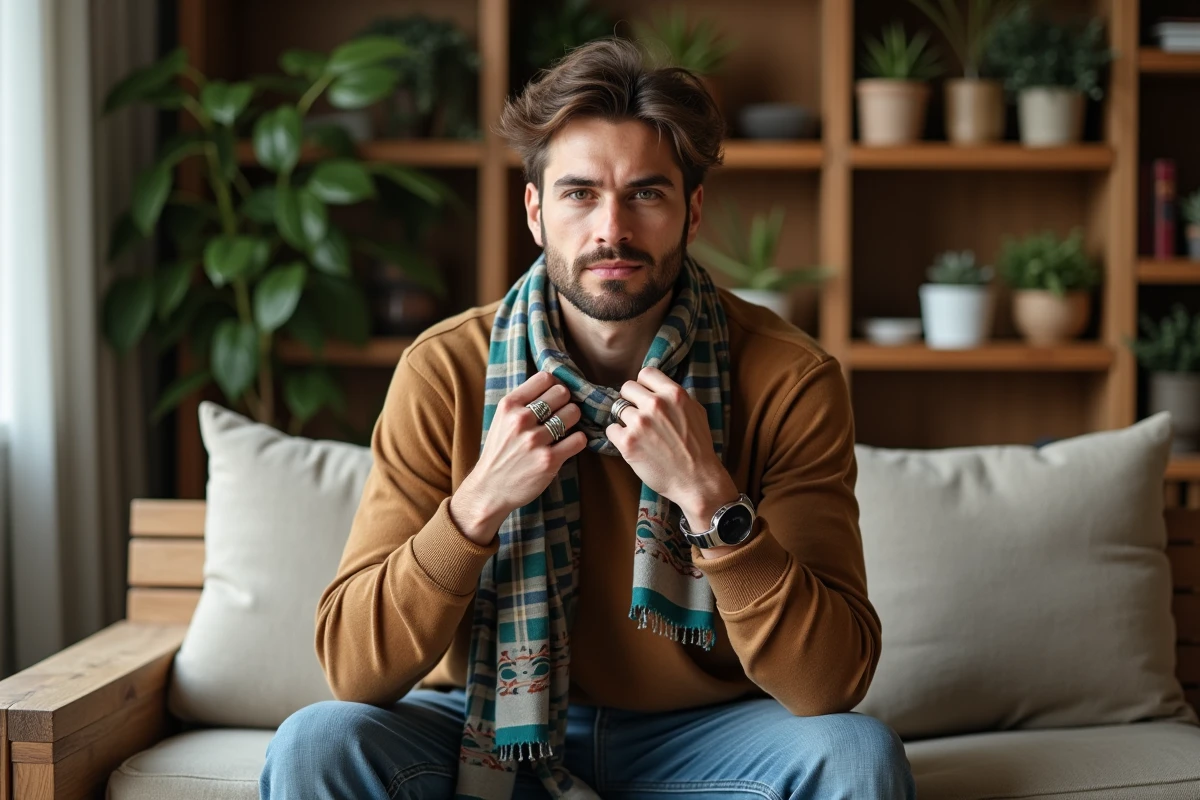 Jeune homme dans un appartement avec accessoires vintage et plantes