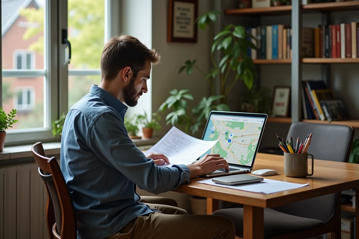 Jeune homme comparant cartes de quartier sur son ordinateur