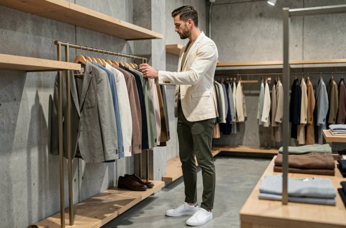 Homme stylé en blazer lin et chinos olive dans un concept store minimaliste, inspiration mode masculine