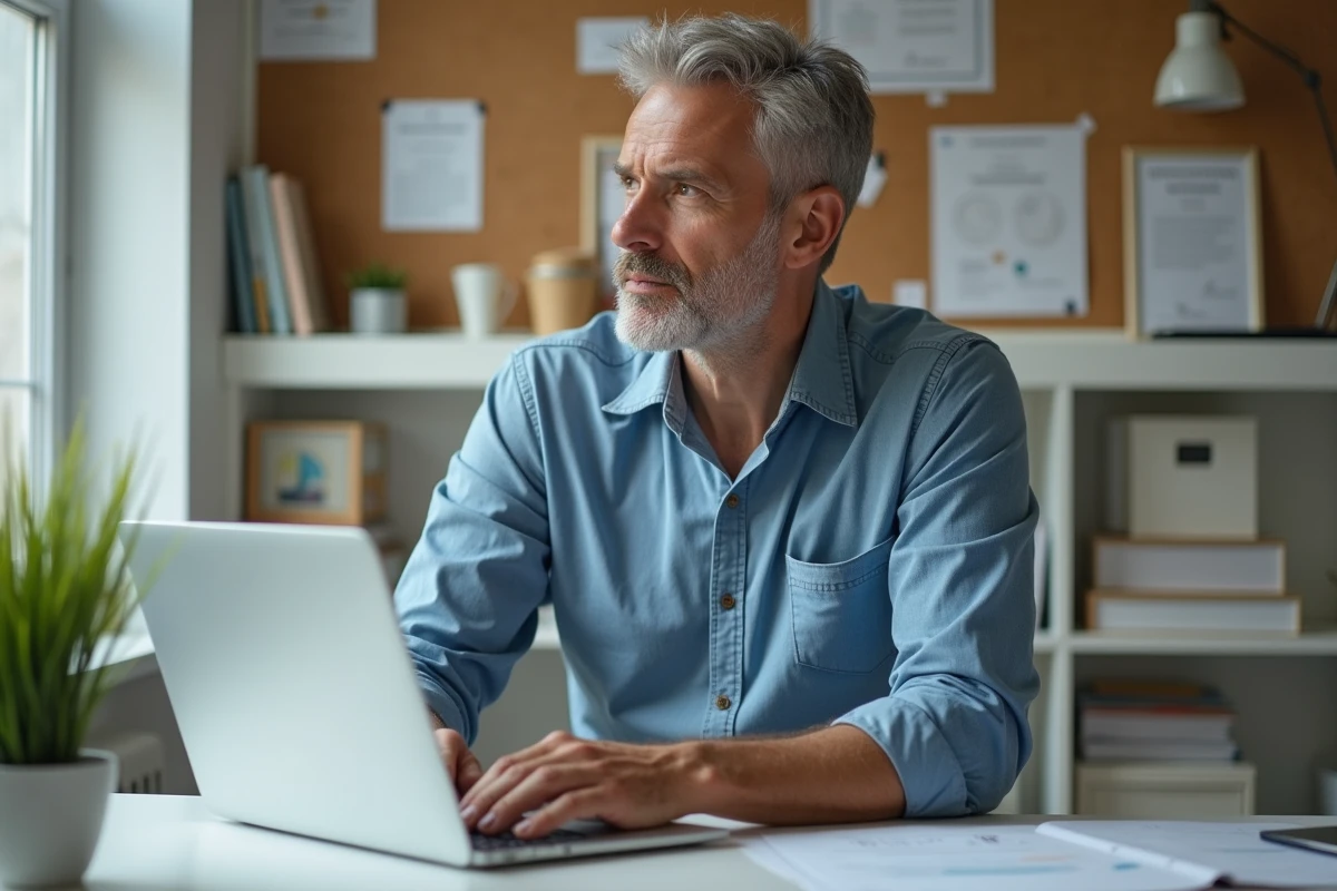 Homme d age reviewant son portfolio dans un bureau à domicile