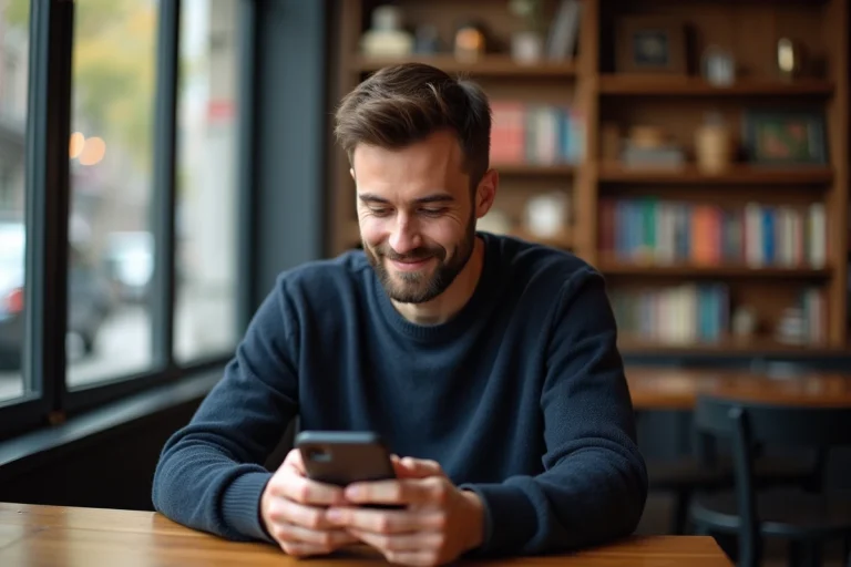 Homme pensif avec smartphone dans un café cosy
