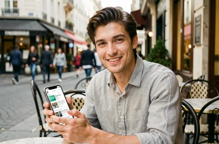 Jeune homme consultant un blog d'actualités sur son smartphone à la terrasse d'un café en ville