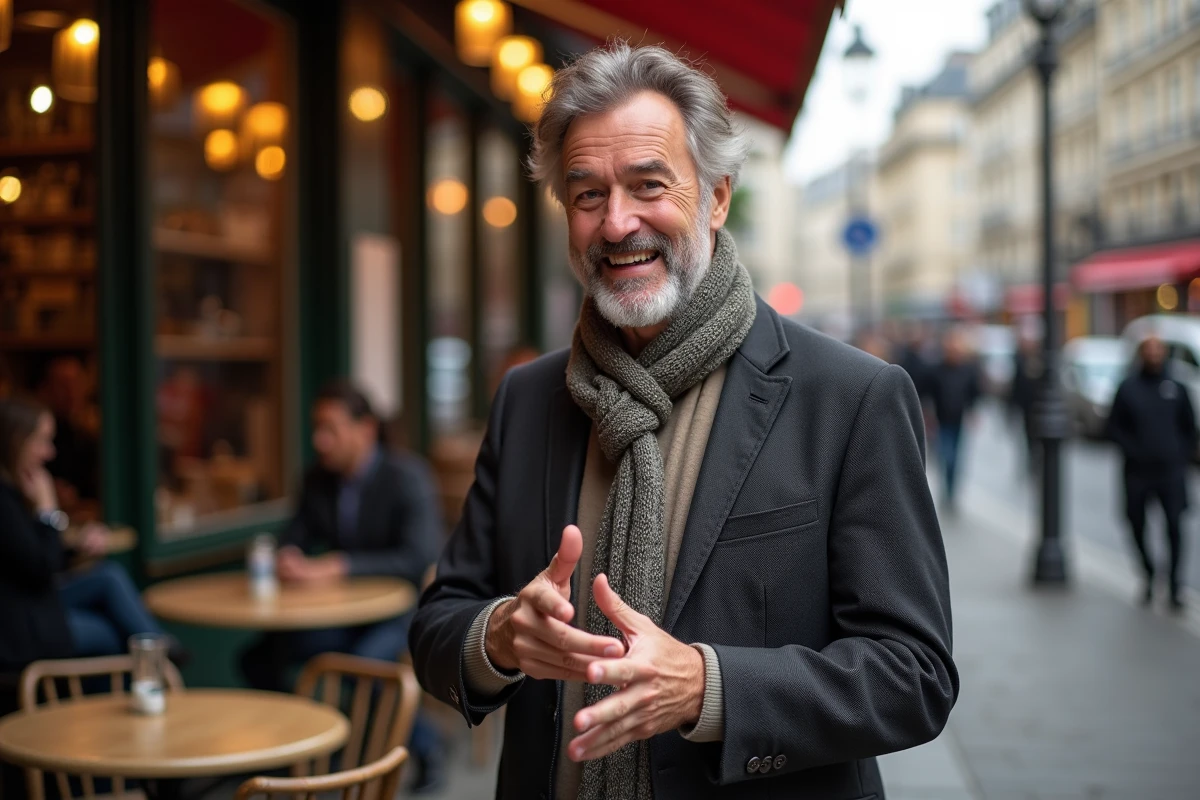 Homme parlant dans un café parisien animé en extérieur