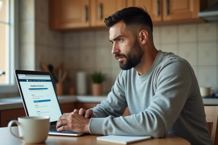 Homme utilisant un ordinateur portable pour mettre à jour ses critères d'inscription sur le site France Travail depuis son domicile