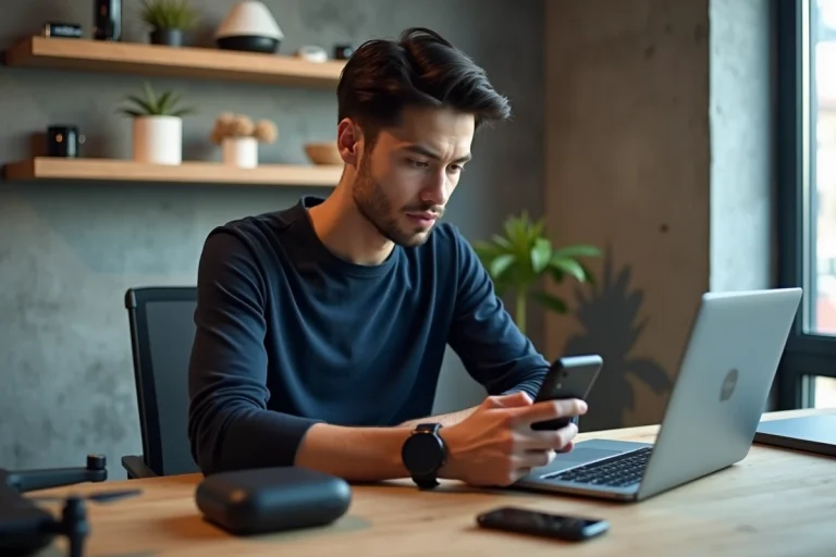 Homme geek passionné explorant les dernières tendances high-tech avec smartphone pliable et gadgets technologiques sur un bureau moderne