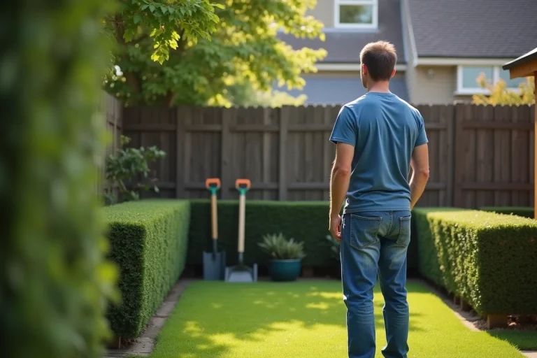 Homme d'âge moyen dans un jardin suburbain discret