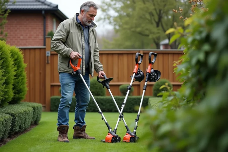 Homme inspectant deux coupe-branches dans un jardin