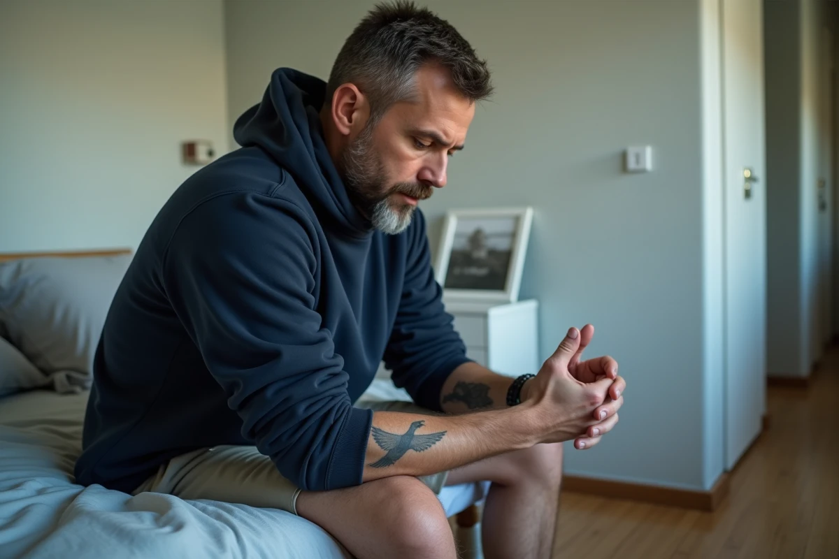 Homme pensif avec tatouage dans une chambre simple