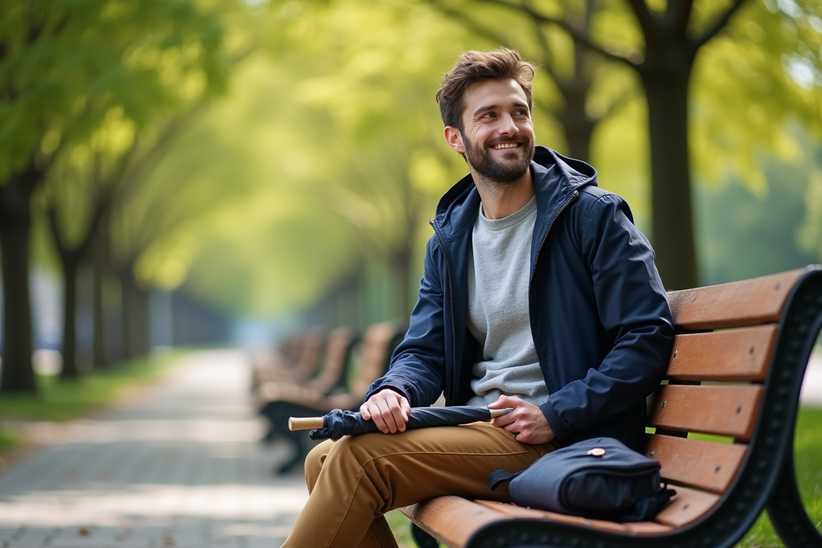 Homme détendu assis dans un parc urbain au printemps