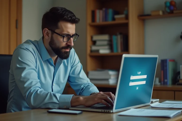 Homme cherchant son code spécifique Action Logement sur son ordinateur portable dans un bureau à domicile