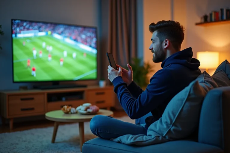 Jeune homme regardant un match de football dans un salon confortable