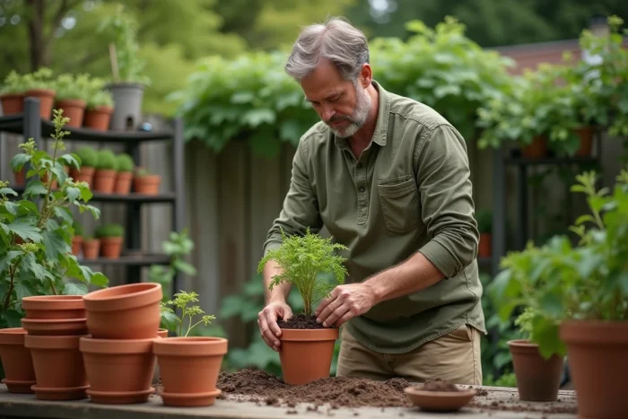 Homme rempotant des plantes aromatiques sur un établi de jardin en bois entouré de pots en terre cuite et de plantes grimpantes